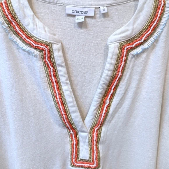 Chico's Beaded Embellished Notched Crew Neck 3/4 Sleeve White Linen Top (XL) - Picture 2 of 8